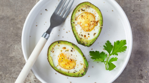avocado baked with eggs, top view; Shutterstock ID 519490978; PO: today.com food